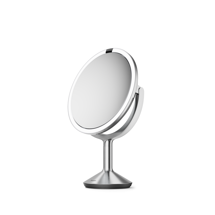 Simplehuman's Sensor Mirror Trio Max in Brushed, Angled View of the 5x zoom side.