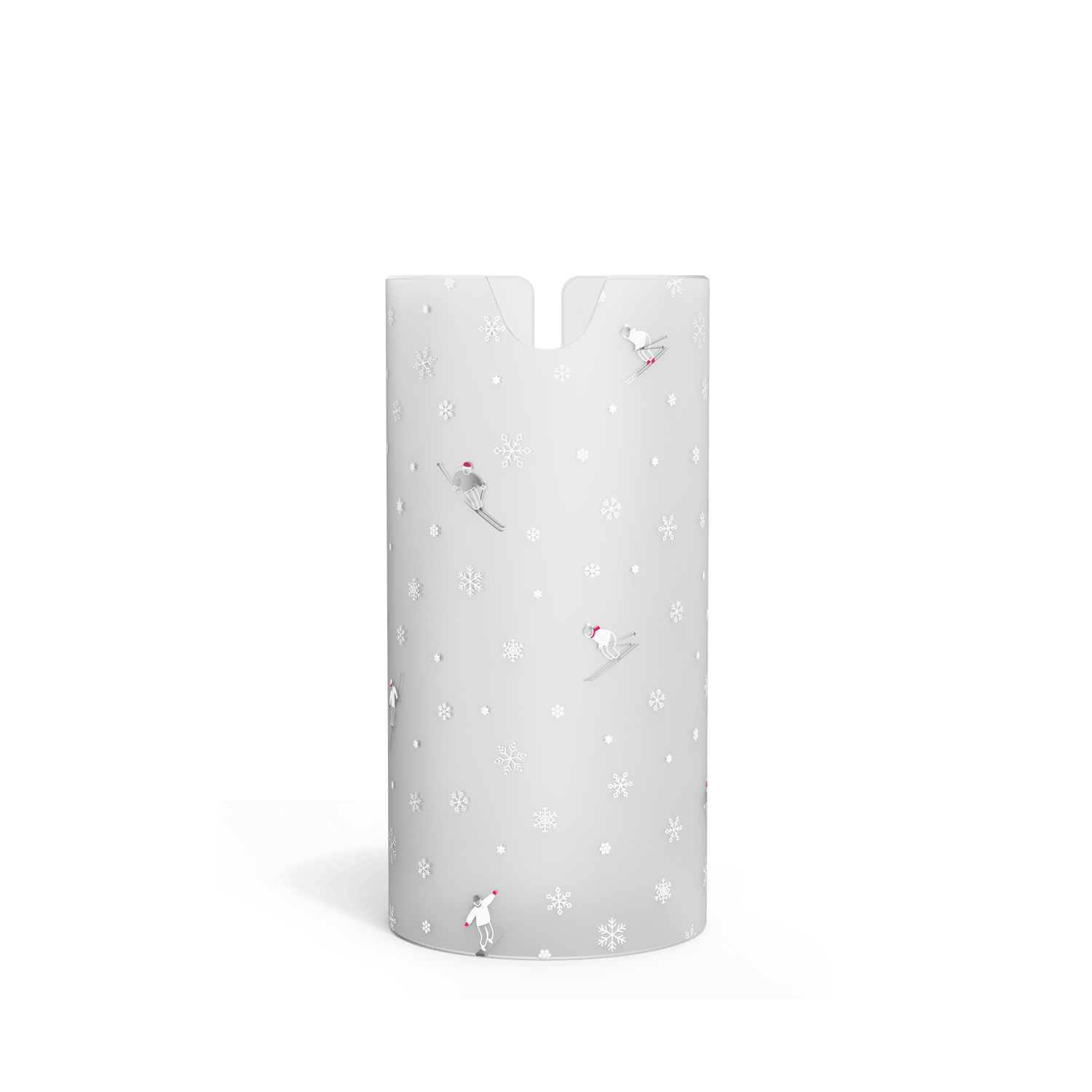 Front view of white, frosted holiday-themed sleeve for Simplehuman 9 oz. Sensor Pump, featuring small skiers and snowflakes.