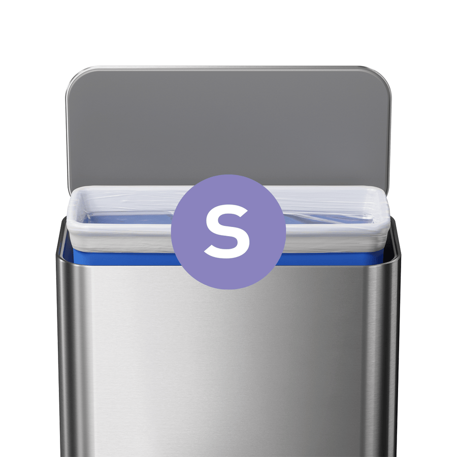 Simplehuman rectangular stainless steel trash can showing Code S custom fit liner installed inside the inner bucket, lid open.