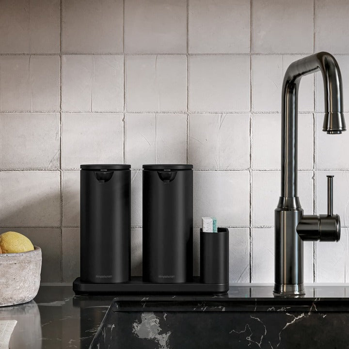 Simplehuman Matte Black Dual Sensor Pump 14 oz. + Caddy on kitchen sink, rechargeable touch-free dispensers.