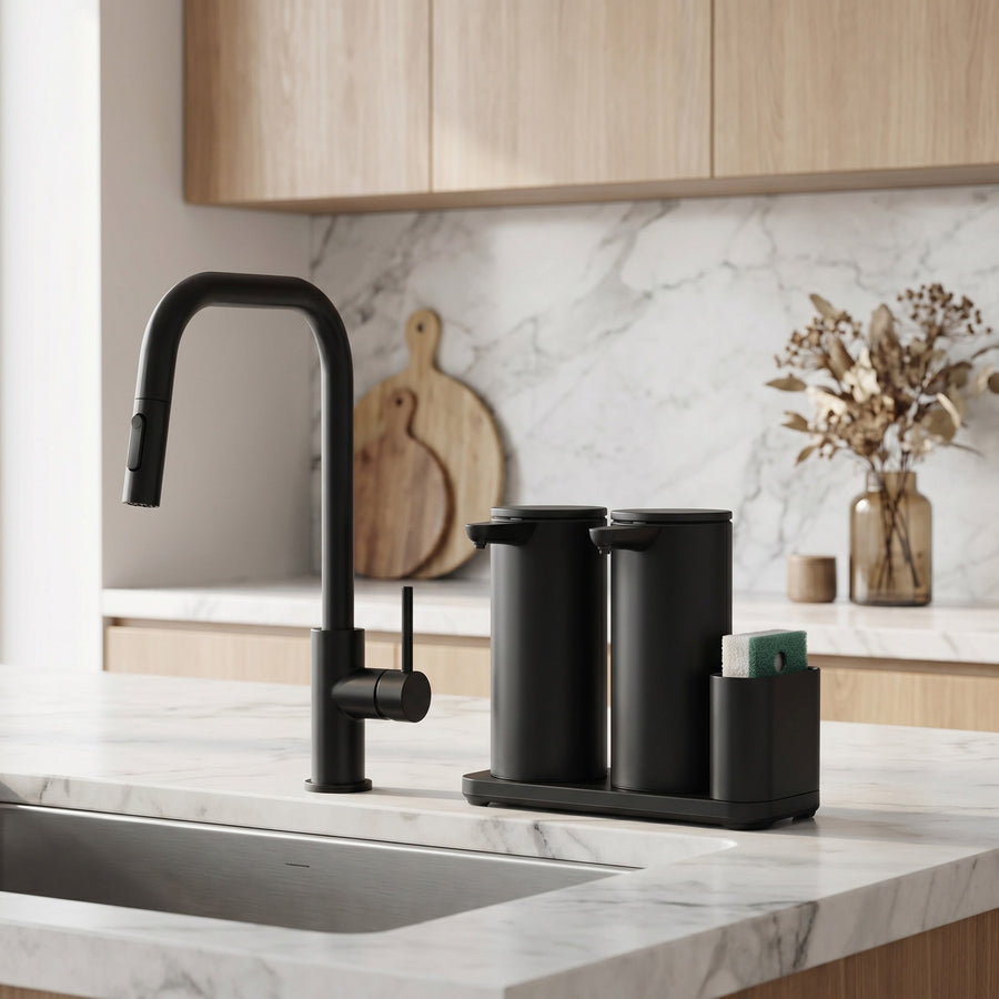Simplehuman's Dual 14 oz. Sensor Pump in Matte Black on a marble kitchen countertop.