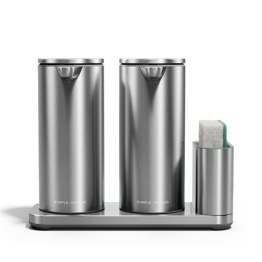 Simplehuman Dual Sensor Pump 14 oz. with Caddy in Brushed Stainless Steel, hands-free dispensing.