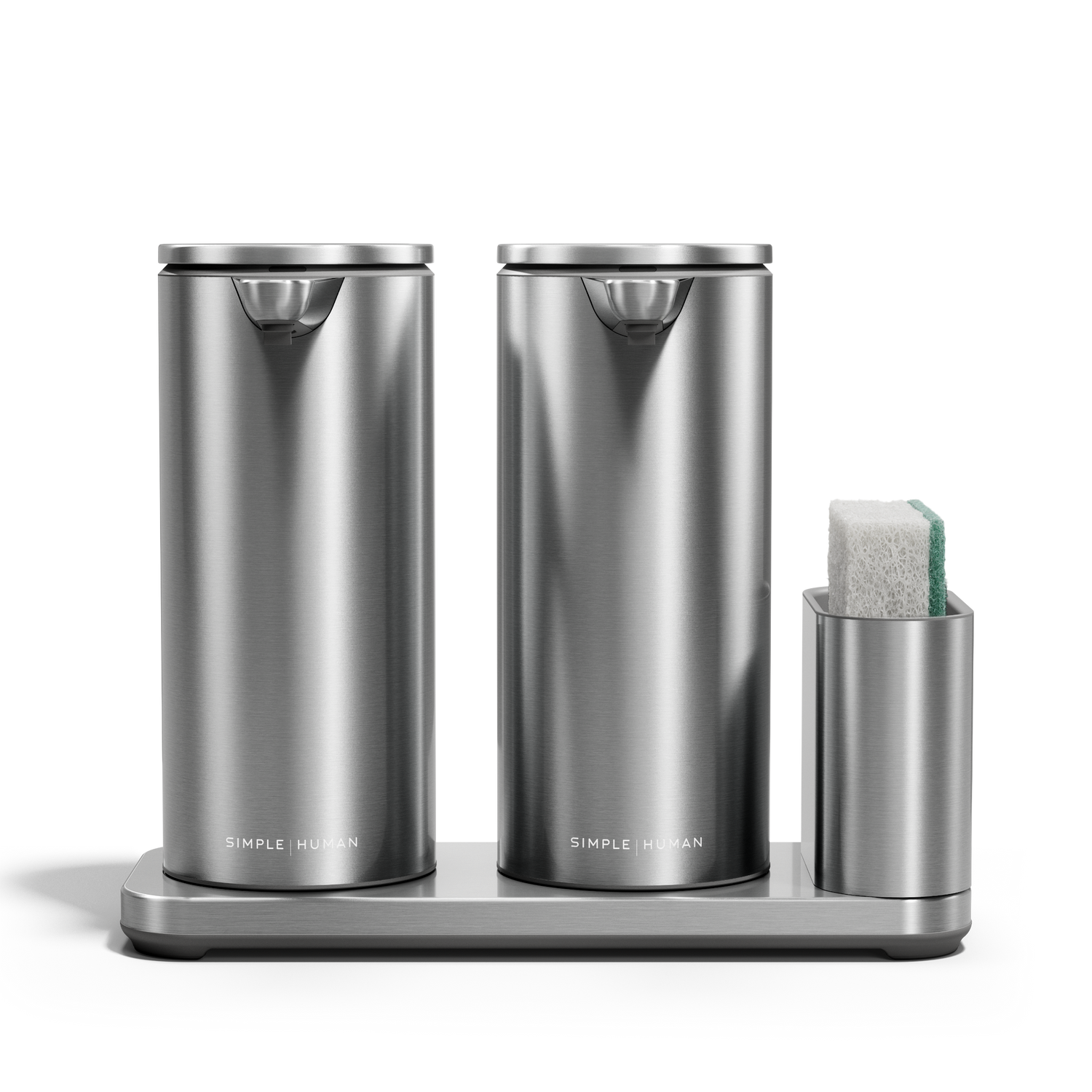 Simplehuman Dual Sensor Pump 14 oz. with Caddy in Brushed Stainless Steel, hands-free dispensing.