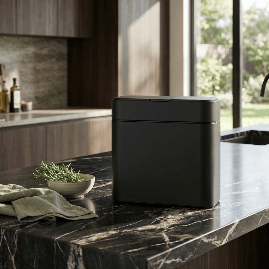 Simplehuman's Matte Black Compost Caddy in a modern kitchen countertop with black marble with bright lighting.