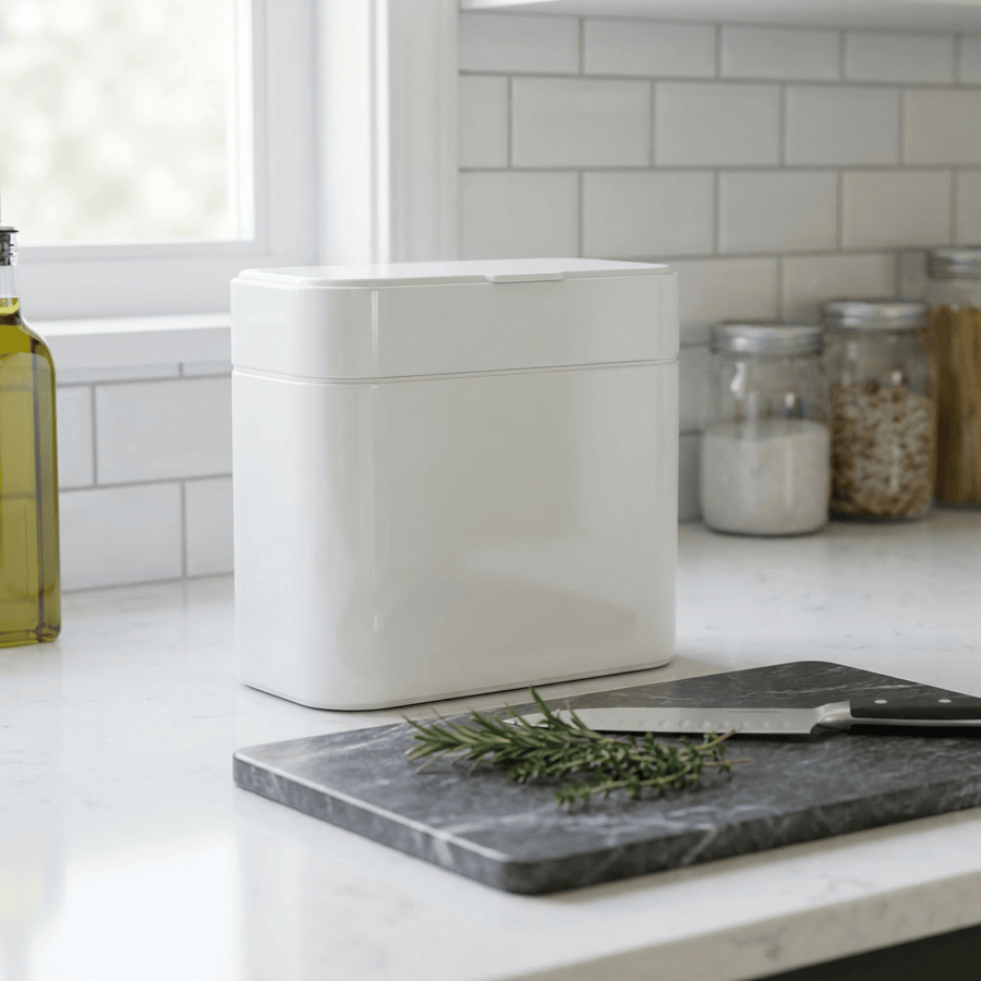Simplehuman's White Compost Caddy in a bright, simple kitchen countertop settings around a bottle of oil and multiple mason jars.