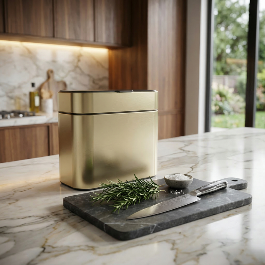 Simplehuman's Matte Gold Compost Caddy in a warm, well-lit kitchen setting with a cutting board in front.