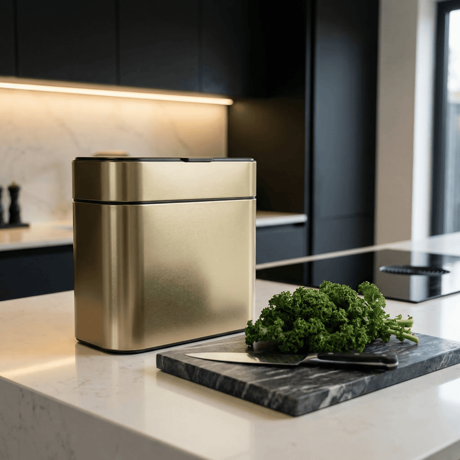 Simplehuman's Matte Gold Compost Caddy on a solid, white countertop, and modern appliances.