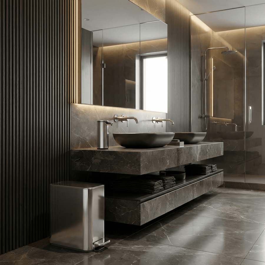 Simplehuman's 5L Slim Step Can in Polished in a modern bathroom setting with towels and a matching sensor pump on the counter top.