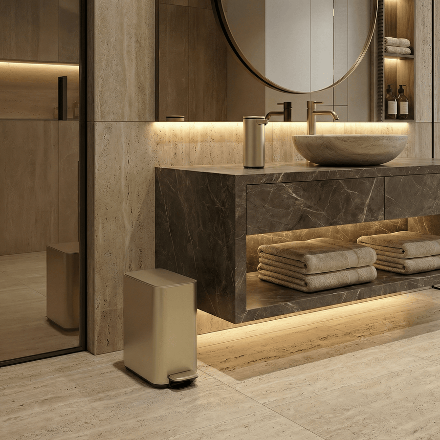 Simplehuman's 5L Slim Step Can in Matte Gold in a modern luxury styled bathroom featuring marble counter tops, warm lighting, towels, and he Simplehuman Sensor Pump in Matte Gold.