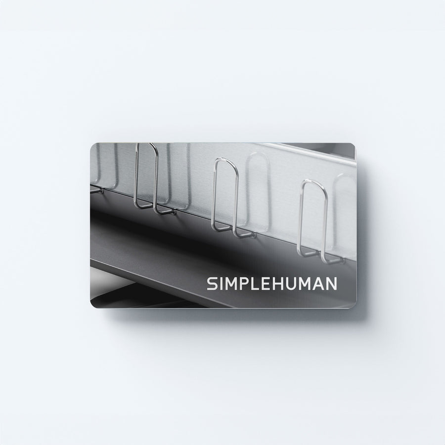 Simplehuman's Kitchen Design gift card featuring a brushed Standard Sized Dishrack.