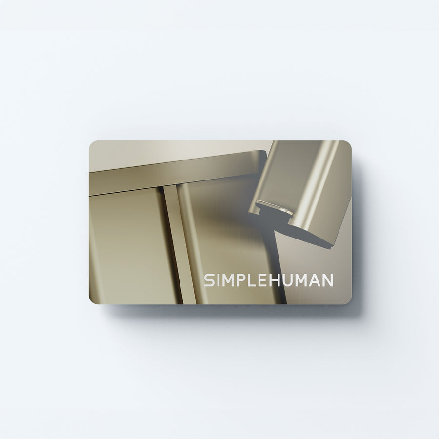 Simplehuman's Gift Card with the Matte Gold 5L Slim Step Can and 58L Step Recycler Design. 