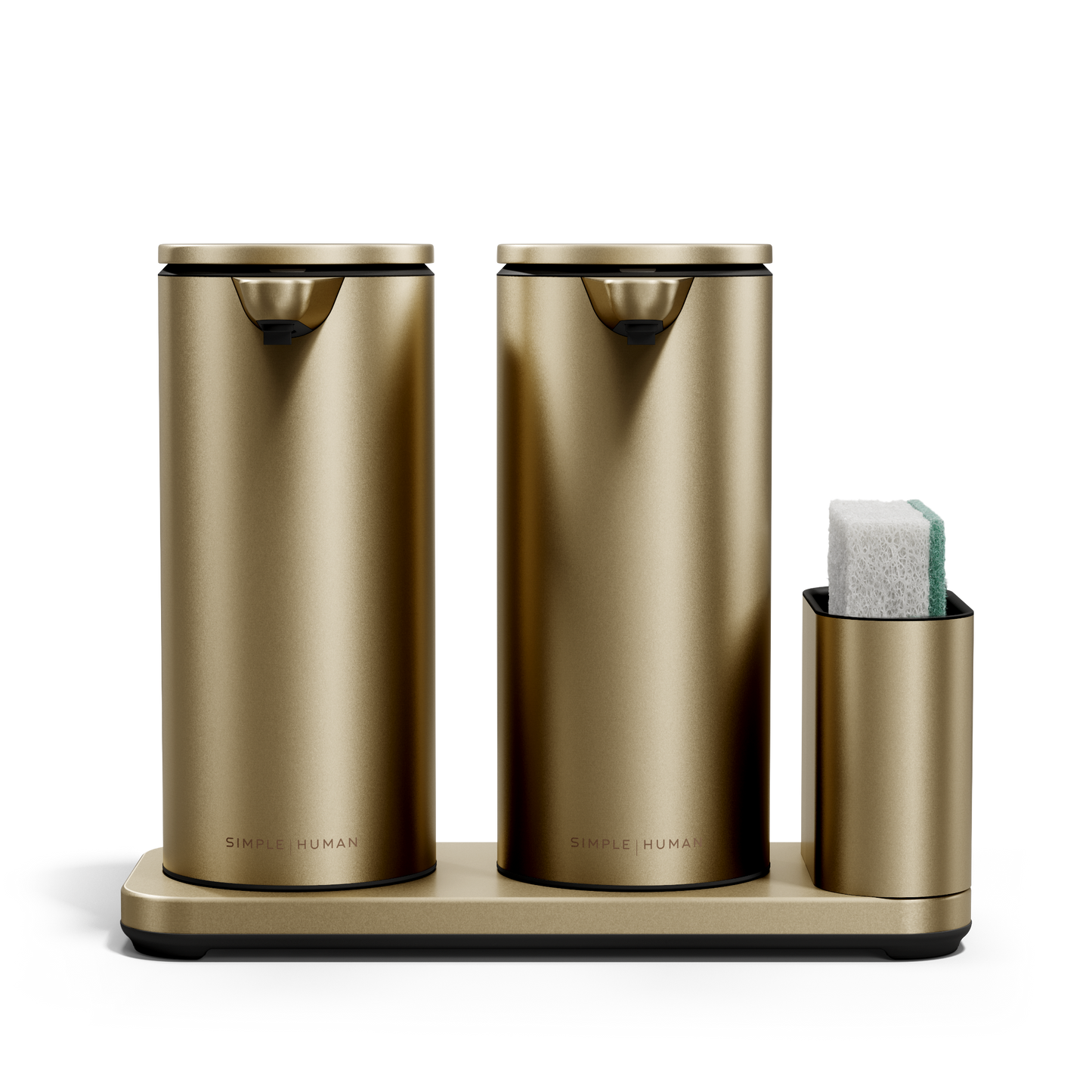 Isolated view: Simplehuman Brushed Brass Dual Sensor Pump 14 oz. with Caddy and sponge, rechargeable, touch-free.