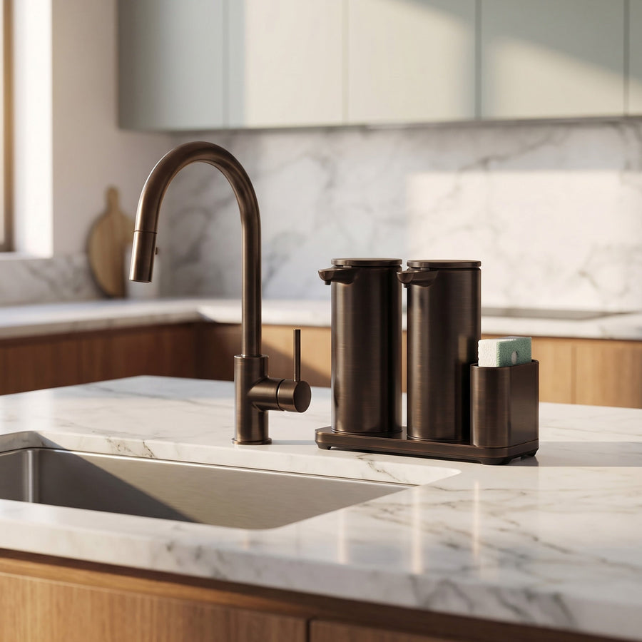 Simplehuman's Dual 14 Oz. Liquid Sensor Pump in Oiled Bronze. This product is featured in a modern, simple kitchen.