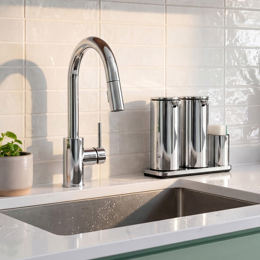 Simplehuman's Dual 14 oz. Sensor Pump in Polished in a modern kitchen setting with marble counter top.