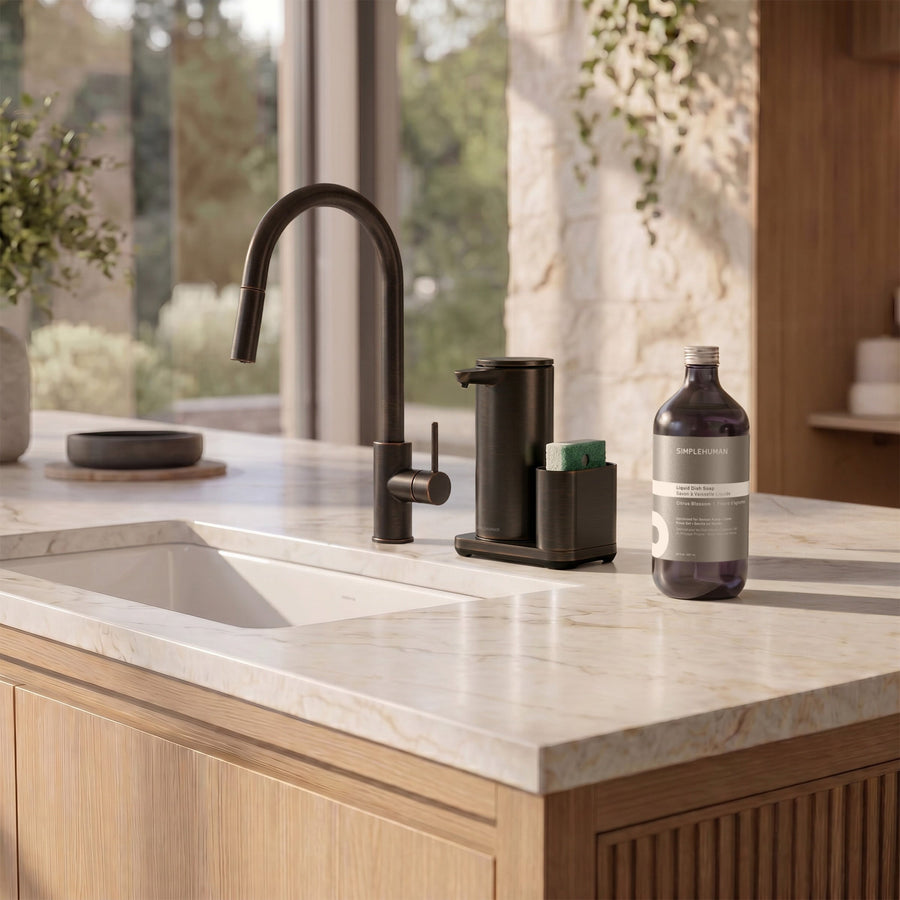 Simplehuman's Liquid Sensor Pump with Caddy with Liquid Dish Soap Refill Bottle. 