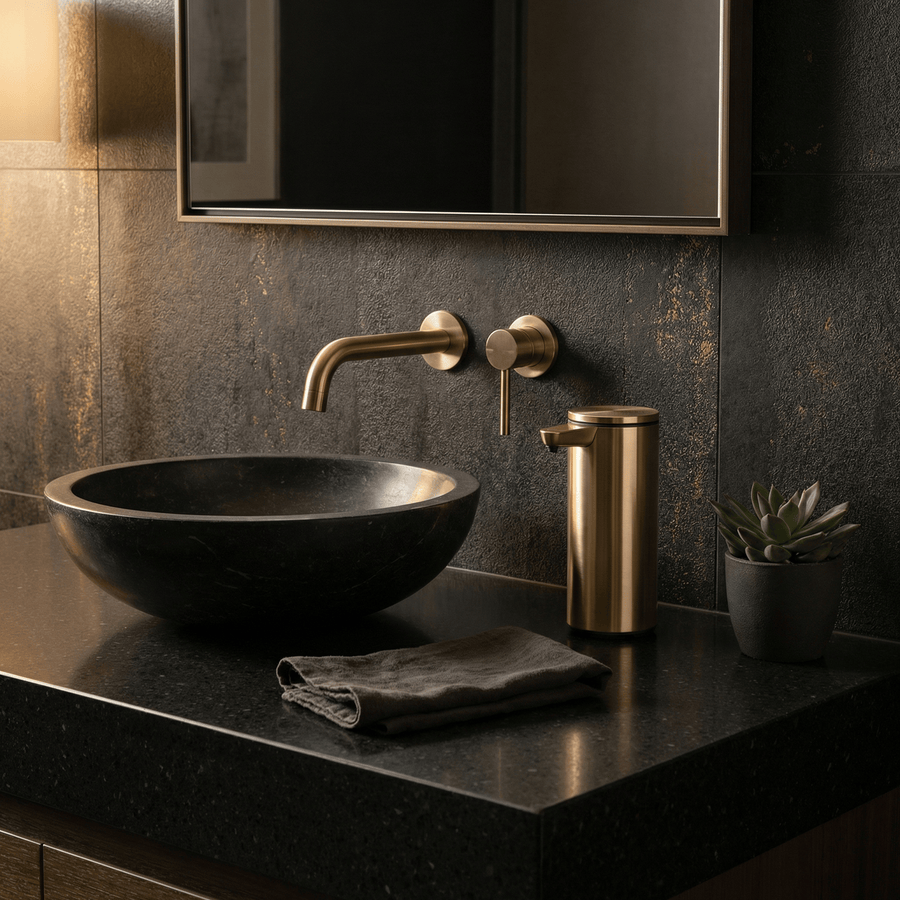 Simplehuman's Matte Gold Sensor Pump in a modern kitchen setting.