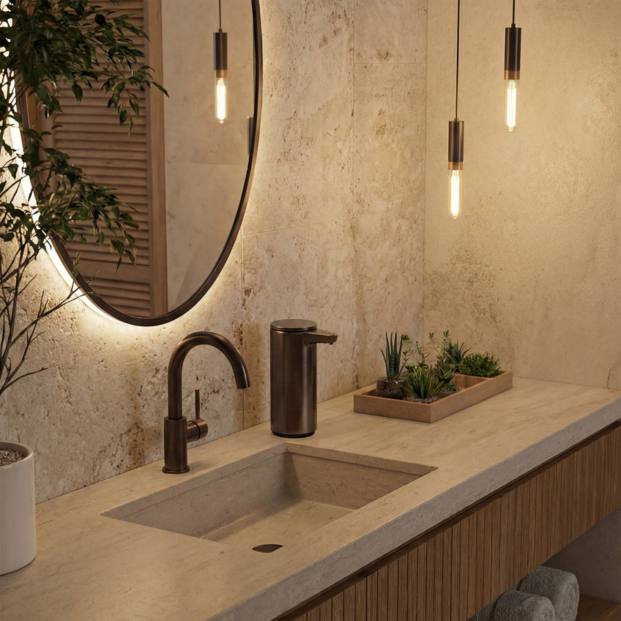 Simplehuman's 9 oz. Liquid Sensor Pump in Oiled Bronze in a well lit restaurant restroom setting. 