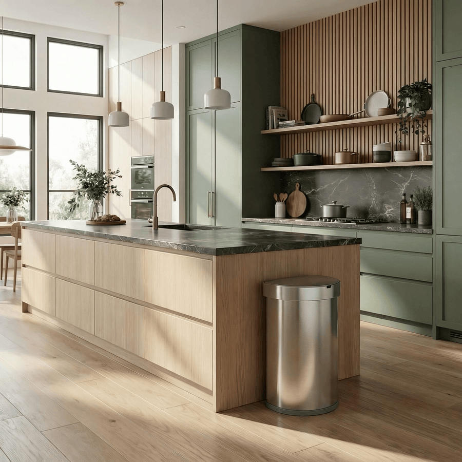 Simplehuman's 45L Semi-Round Sensor Can in a modern kitchen setting with green wooden cabinets, marble and wood countertop with a neutral aesthetic.
