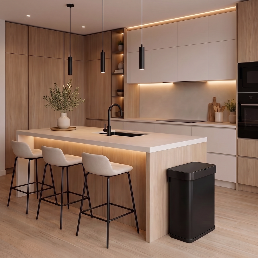 Simplehuman's 58L Sensor Can in Matte Black in a modern kitchens setting with bar stools and lights. 