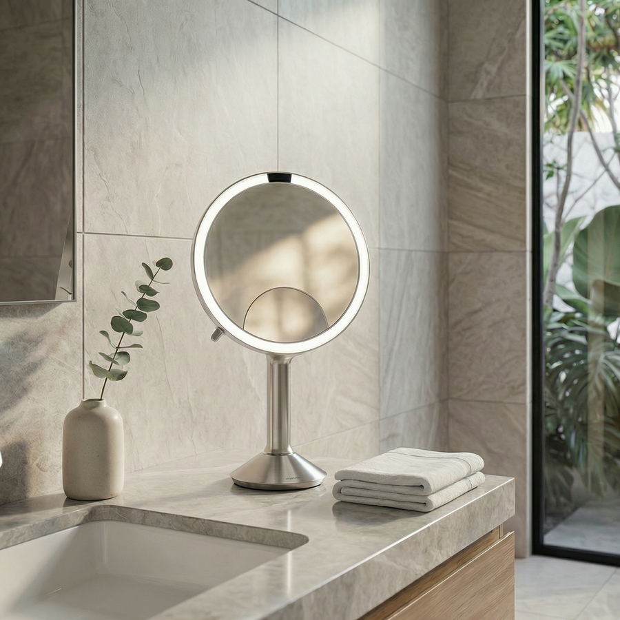 Simplehuman's Sensor Mirror Trio in Brushed in a well-lit bathroom setting with tiled walls and slight greenery. 