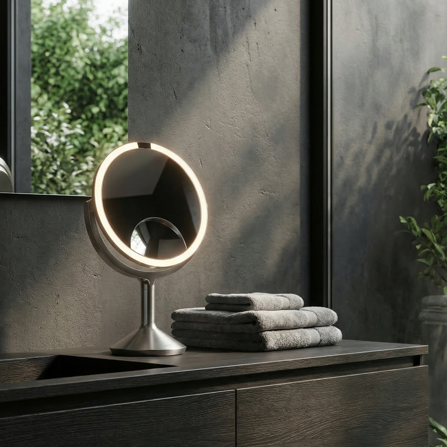 Simplehuman's Sensor Mirror Trio Max in Brushed in a darker-themed, modern bathroom setting. 
