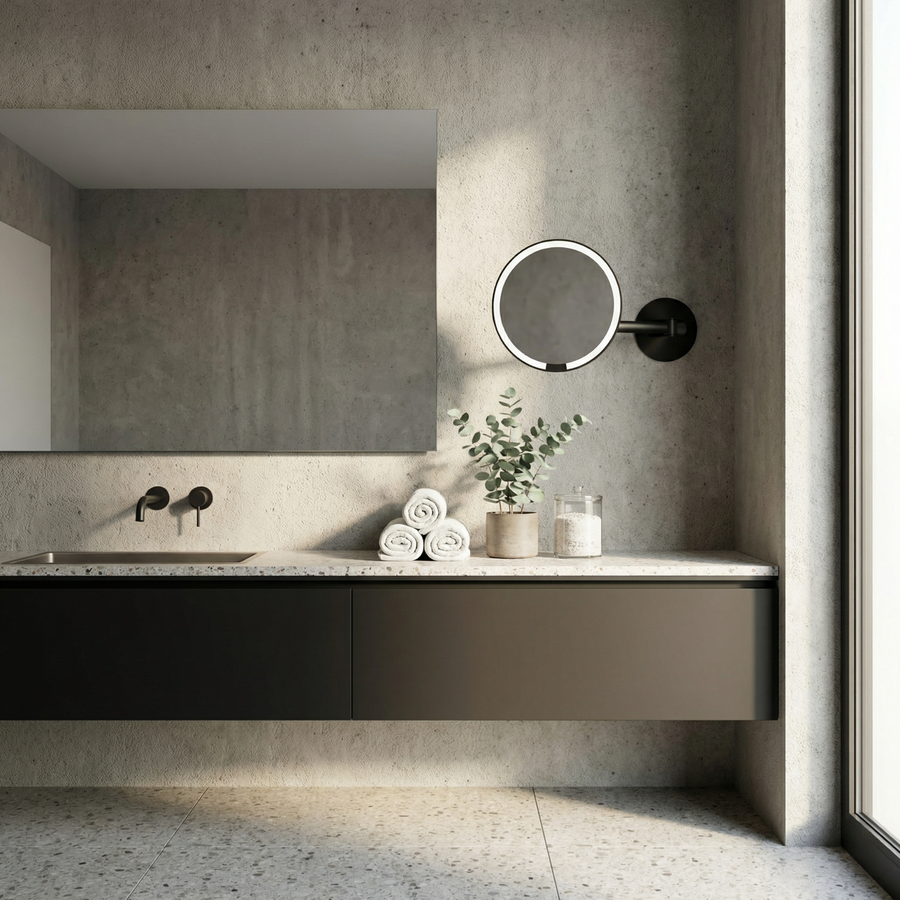 Simplehuman's Wall Mount Mirror in black in a modern, sophisticated bathroom setting.