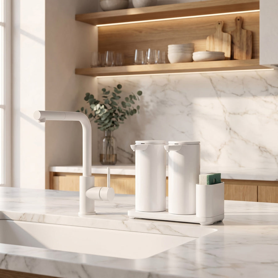 Simplehuman's Dual 14 oz. Sensor Pump in White in a modern kitchen setting with marble counter top and wooden cabinets.