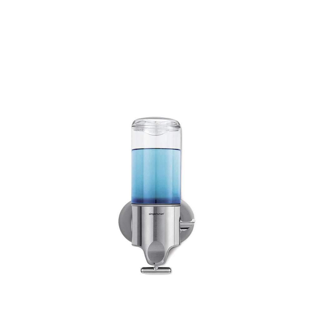 Simplehuman Single Wall Mount Pump in Brushed Stainless Steel with clear reservoir, space-saving dispenser, drip-free.