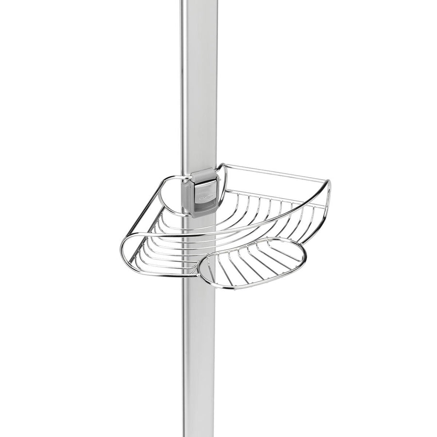 Close-up of Simplehuman Tension Shower Caddy adjustable Stainless Steel shelf with integrated soap dish.