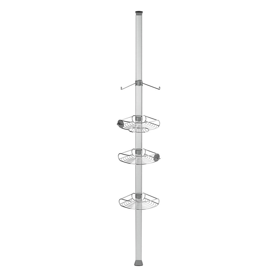 Front view of Simplehuman 9 Ft. Tension Shower Caddy, Stainless Steel, 3 adjustable shelves and integrated hooks.