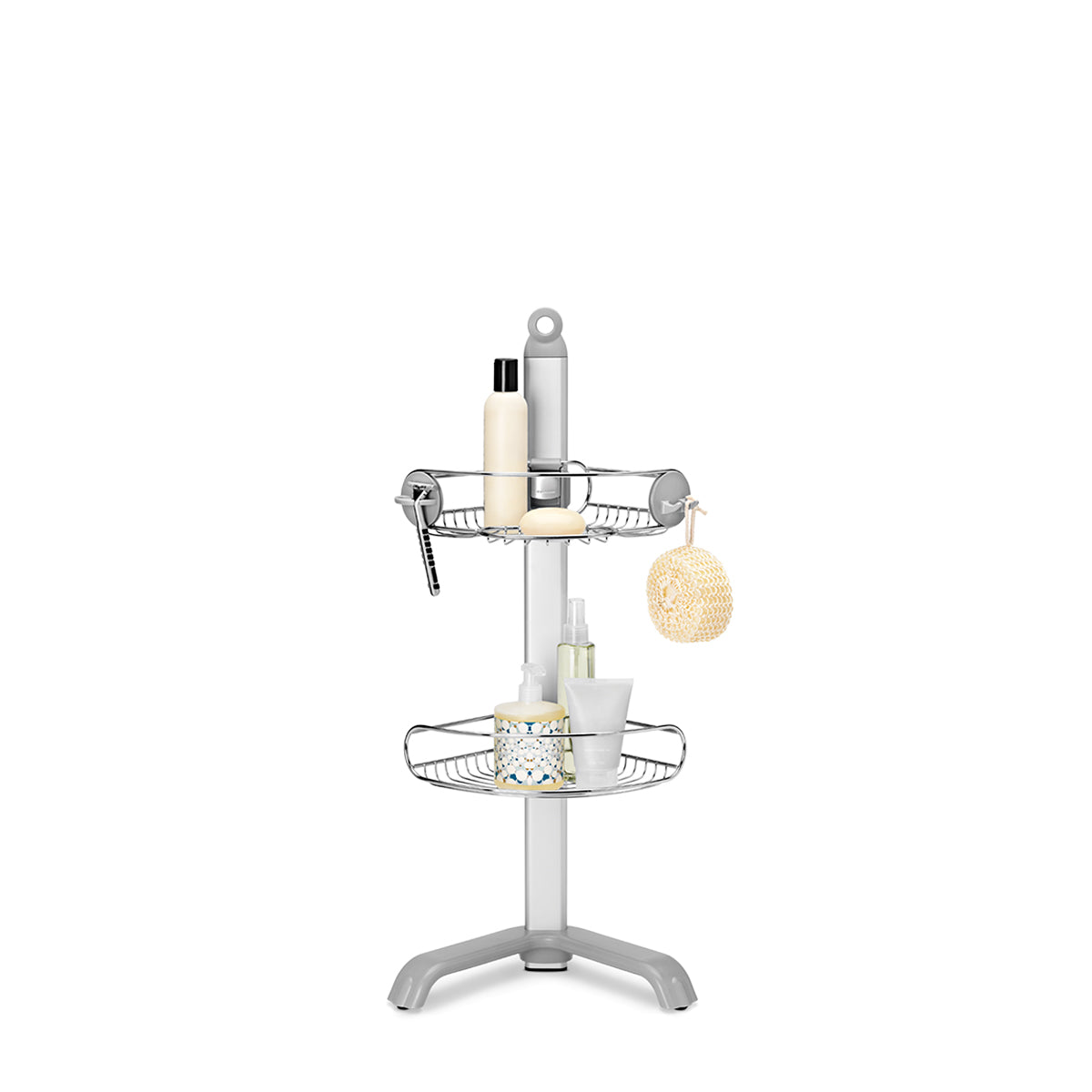 Simplehuman Freestanding Corner Shower Caddy, Polished Stainless Steel, adjustable shelves and integrated storage.