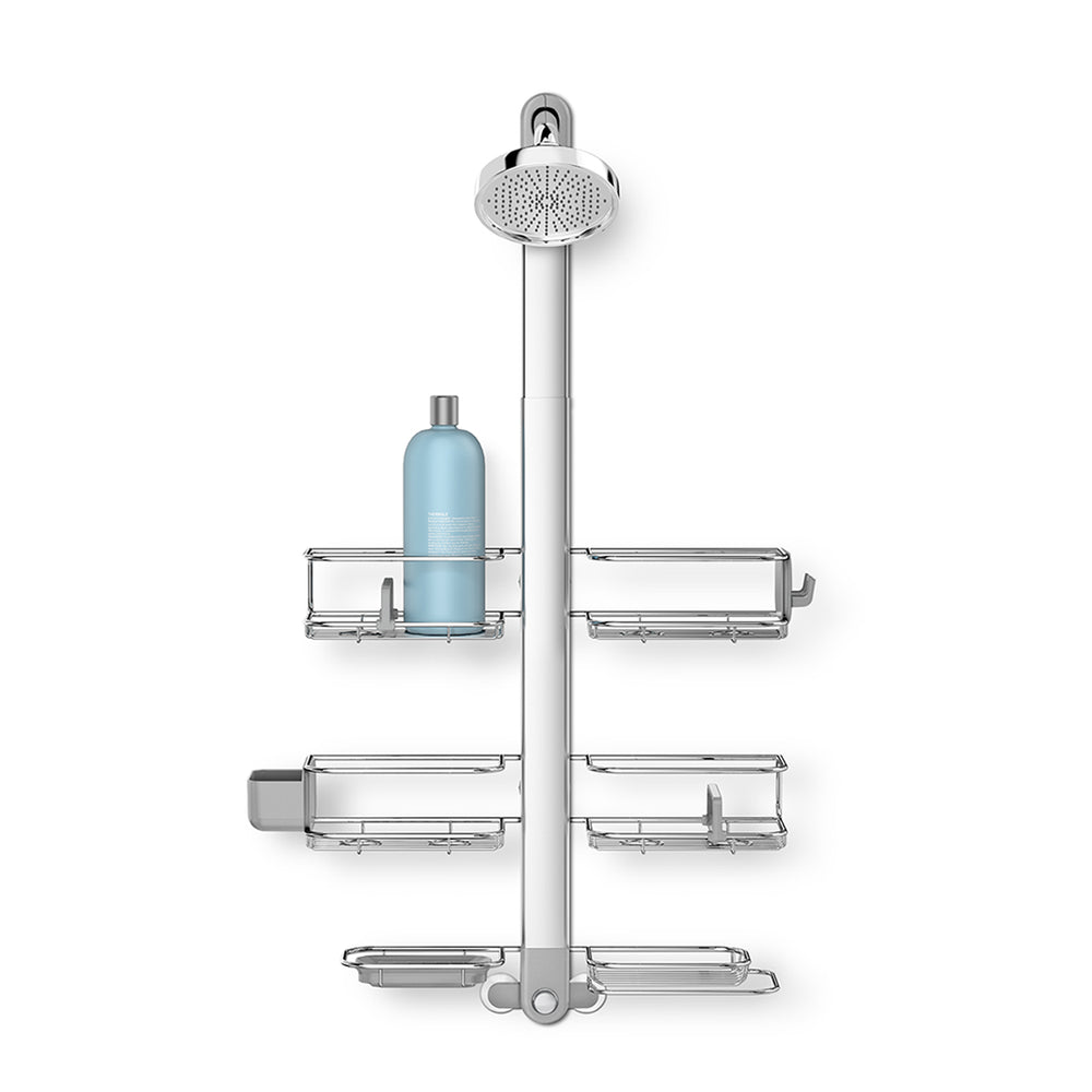 Front view Simplehuman Extra-Large Adjustable Shower Caddy, Polished Stainless Steel, 4 adjustable baskets and integrated soap dish.