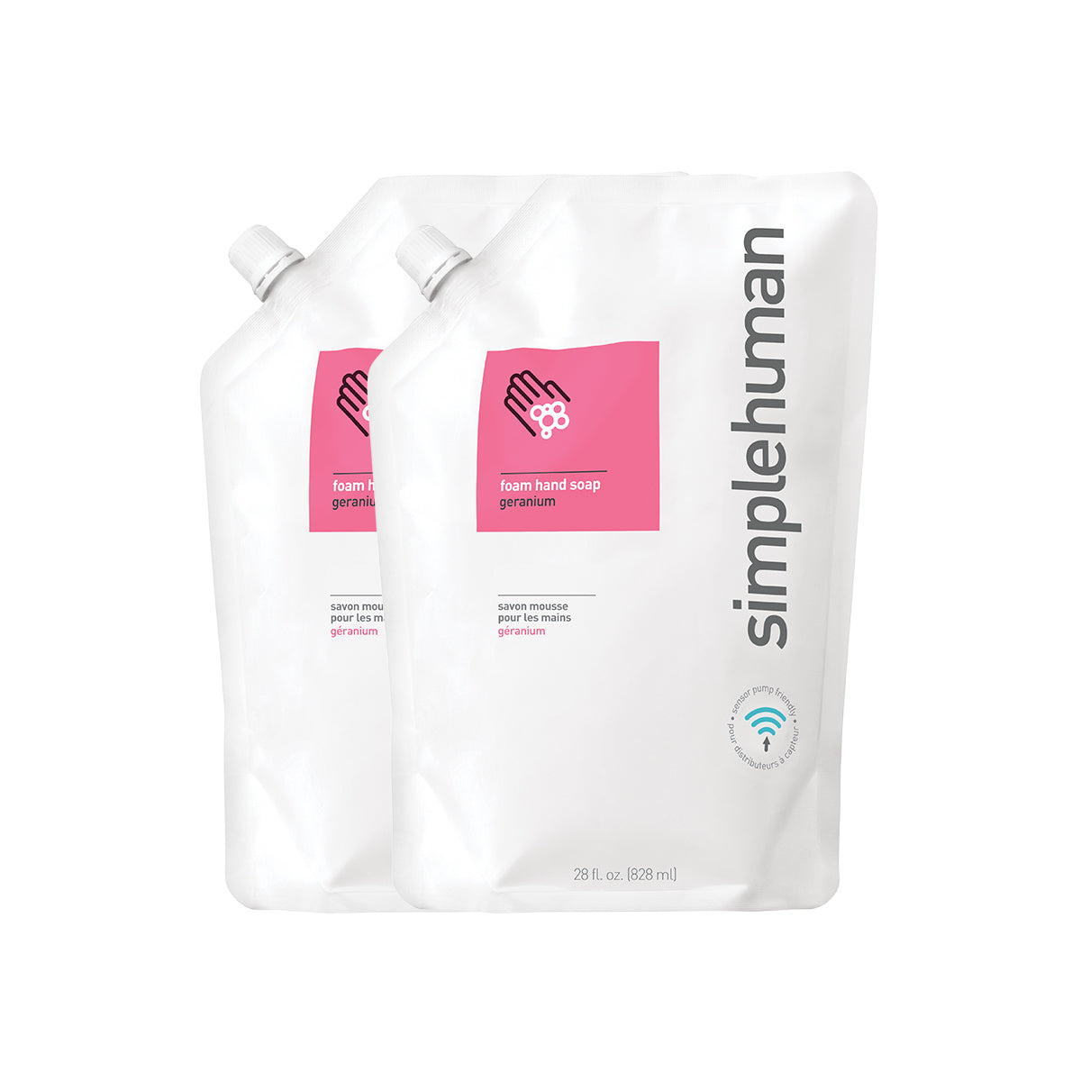 Simplehuman Foam Hand Soap Refills, Geranium scent, 2x 28 fl. oz. pouches, sensor pump compatible.