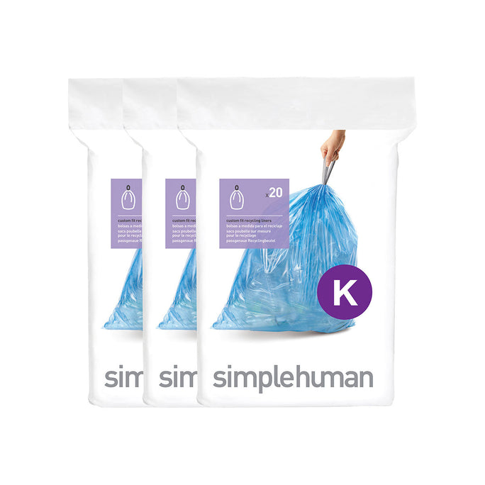 simplehuman Code K Custom Fit Recycling Liners, Tall Kitchen Drawstring Trash Bags, 35-45 Liter / 9-12 Gallon, 3 Refill Packs (60 Count), Blue