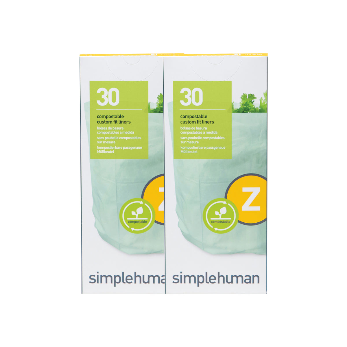 simplehuman code Z custom fit compostable can liners, 2 packs of 30