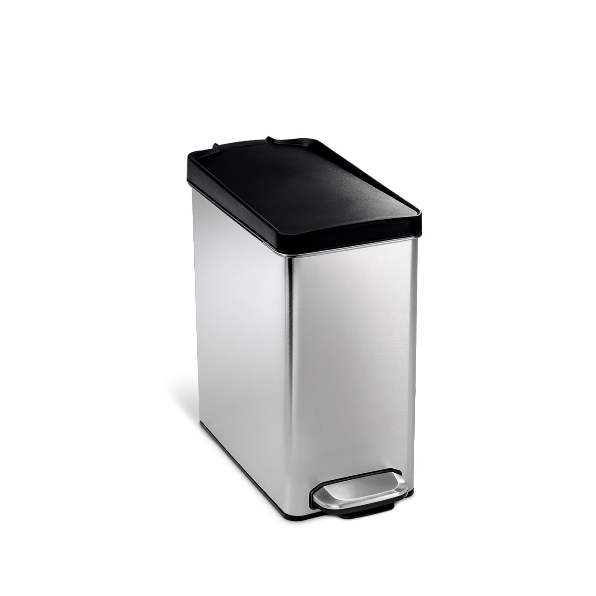 Angled view of Simplehuman 10L Profile Step Can, Brushed Stainless Steel, slim profile and sturdy hands-free pedal.