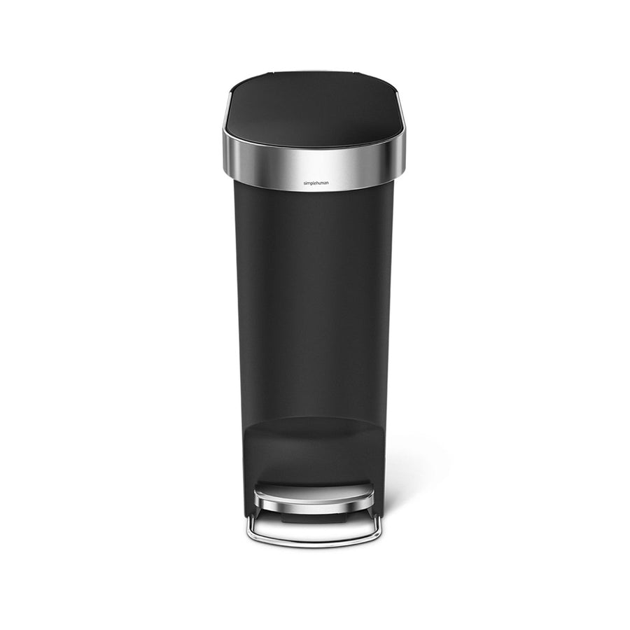 Front view: Simplehuman 40L Slim Step Can in Matte Black Plastic with stainless steel rim, hands-free foot pedal.
