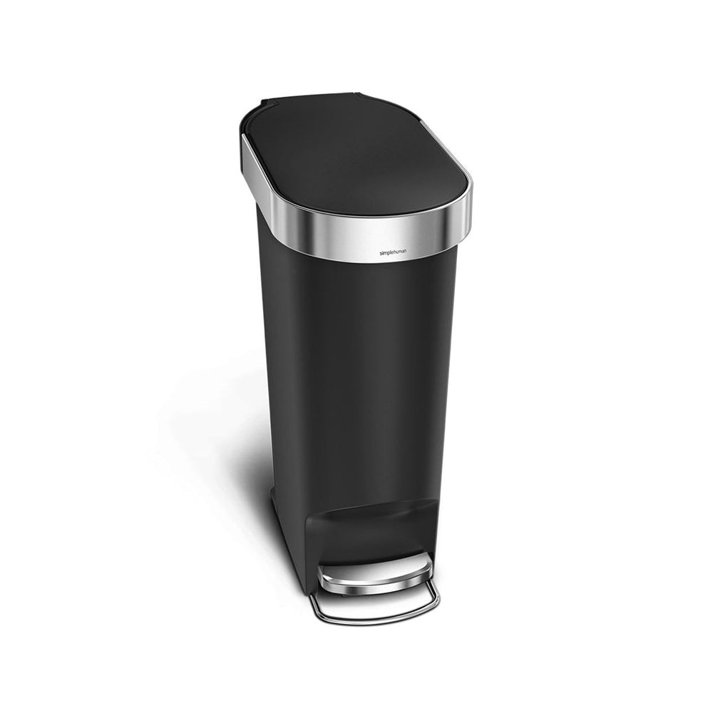 Simplehuman 40L Slim Step Can, Matte Black Plastic, hands-free foot pedal and liner rim.