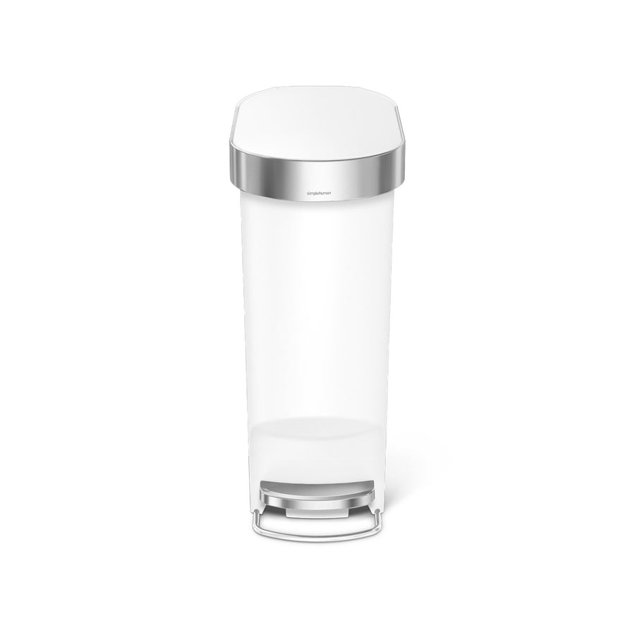 Front view: Simplehuman 40L Slim Step Can, White Plastic with Stainless Steel liner rim, hands-free.