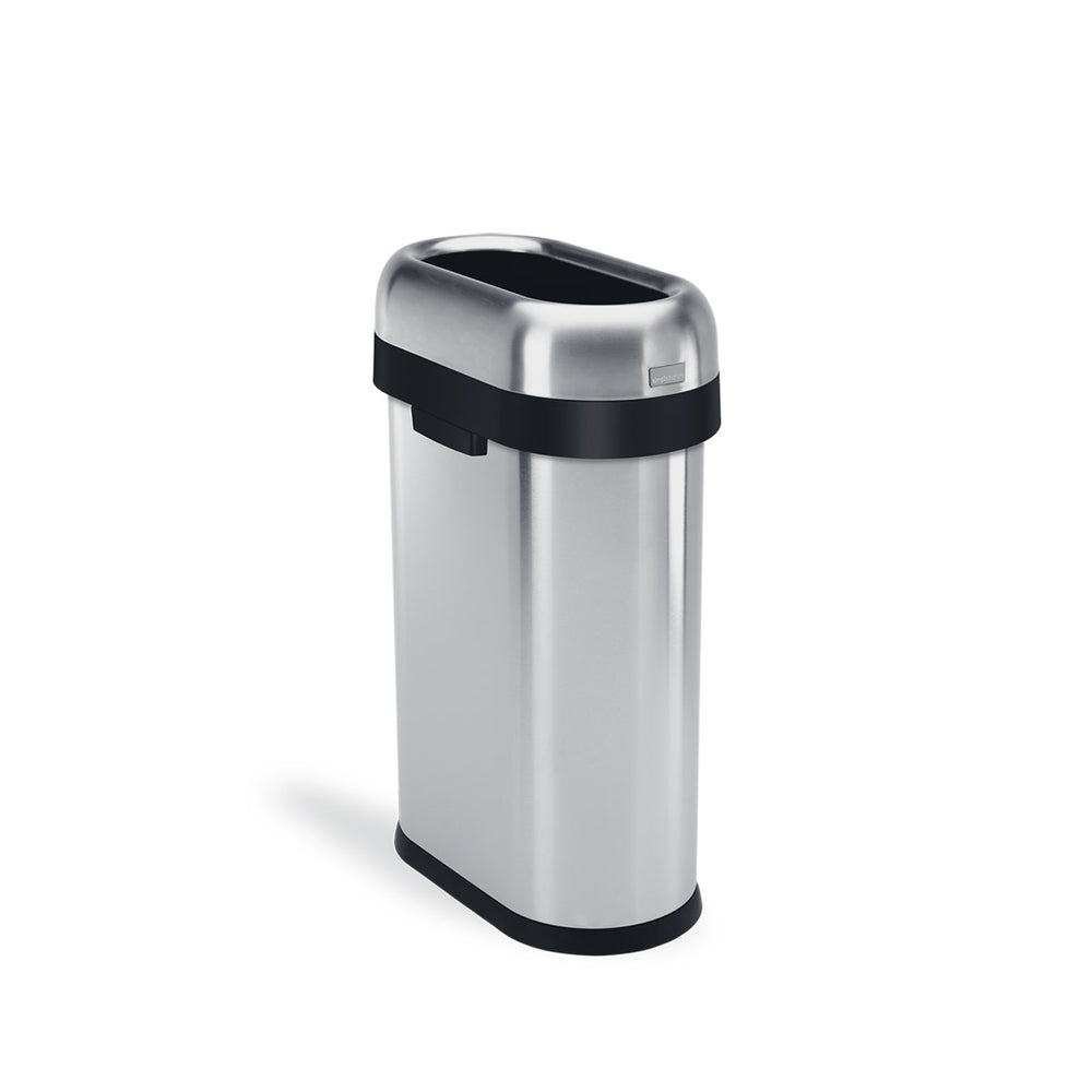Angled view of Simplehuman 50L Slim Open Can, Brushed Stainless Steel, high-capacity and space-saving.