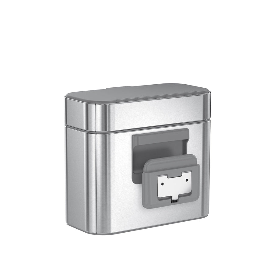 Detail view of Simplehuman Brushed Stainless Steel Compost Caddy showing the removable Matte Gray wall mount bracket.