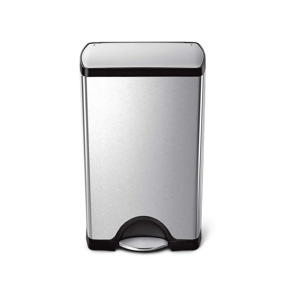 Simplehuman 38L Rectangular Step Can in Brushed Stainless Steel with hands-free foot pedal.
