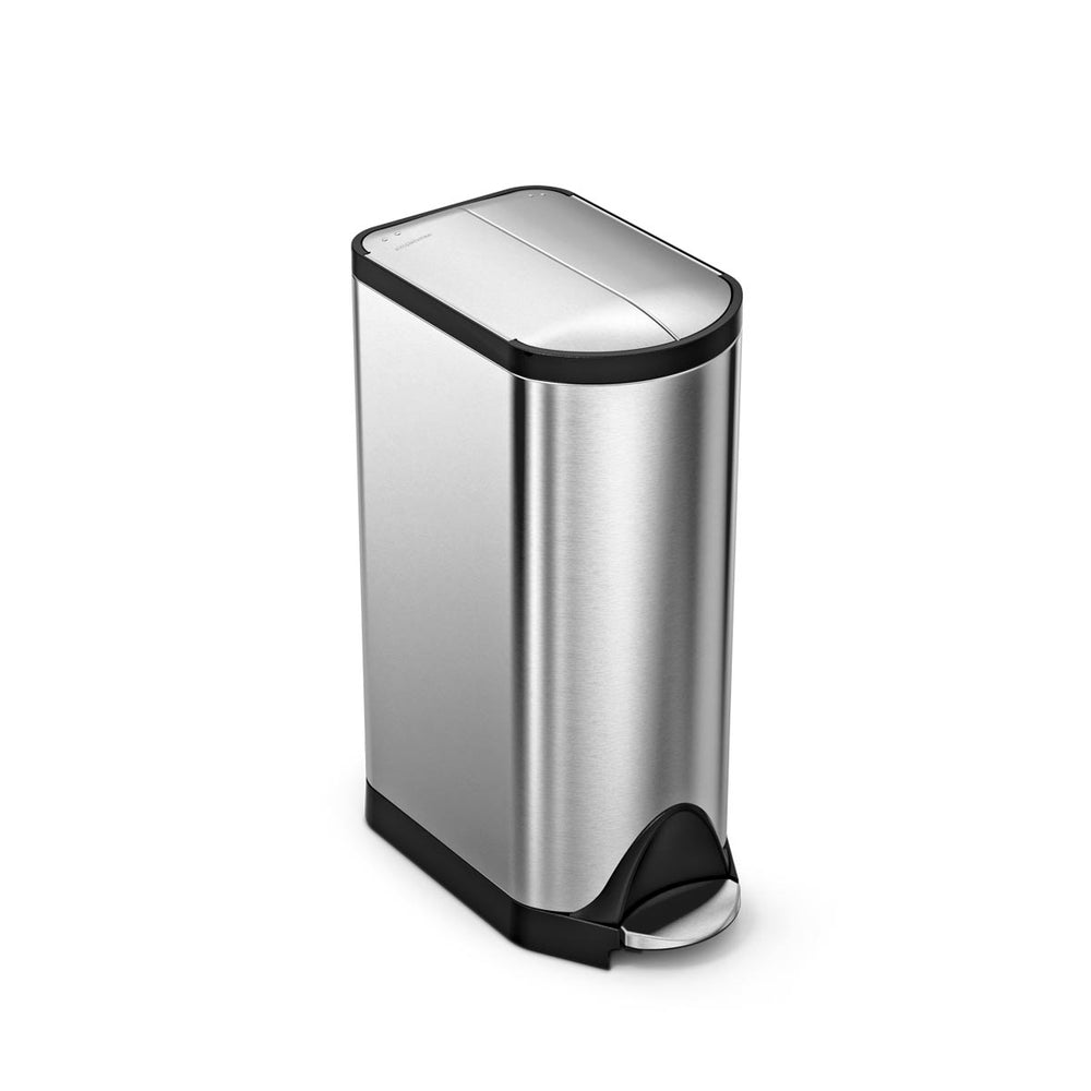 Angled view of Simplehuman 30L Butterfly Step Can, Brushed Stainless Steel, with hands-free pedal and space-saving lid.