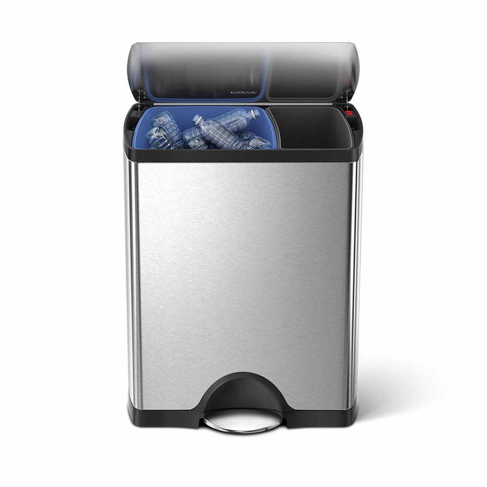 Simplehuman 46L Dual Compartment Rectangular Step Can in Brushed Stainless Steel, hands-free recycling.
