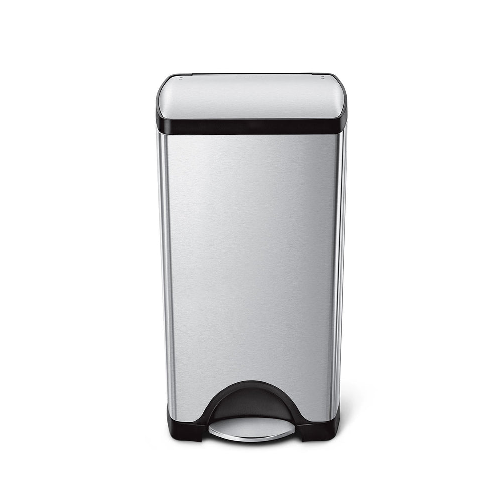 Simplehuman Rectangular Classic Step Can in Brushed Stainless Steel with hands-free foot pedal.
