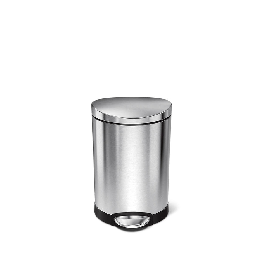 Front view of Simplehuman 6L Semi-Round Step Can, Brushed Stainless Steel, hands-free step pedal for small spaces.