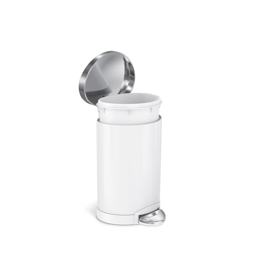 Angled view of Simplehuman 6L Semi-Round Step Can, White/Brushed Stainless Steel, open lid shows removable liner.