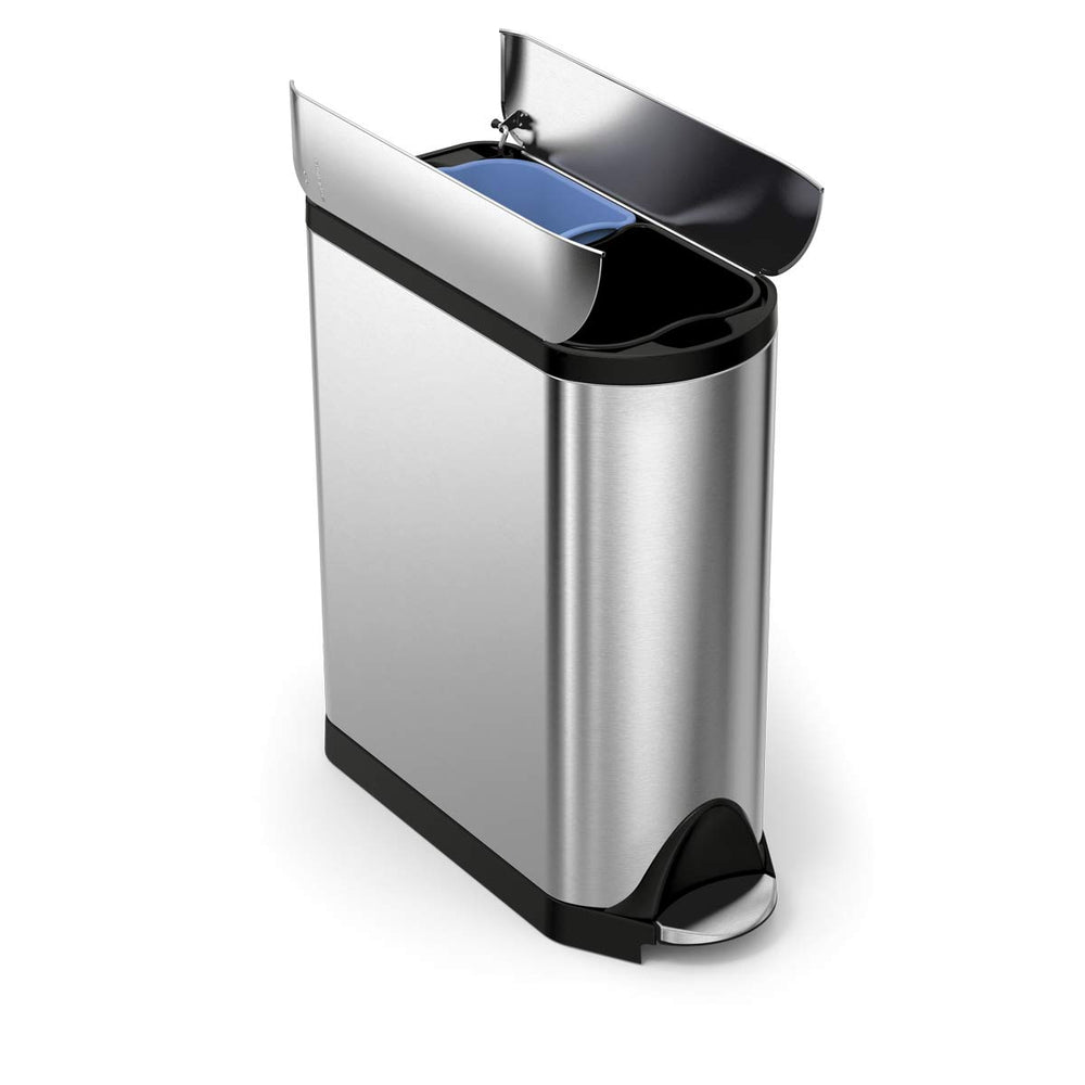 Simplehuman 40L Dual Compartment Butterfly Step Can, Brushed Stainless Steel, hands-free trash and recycling sorting.