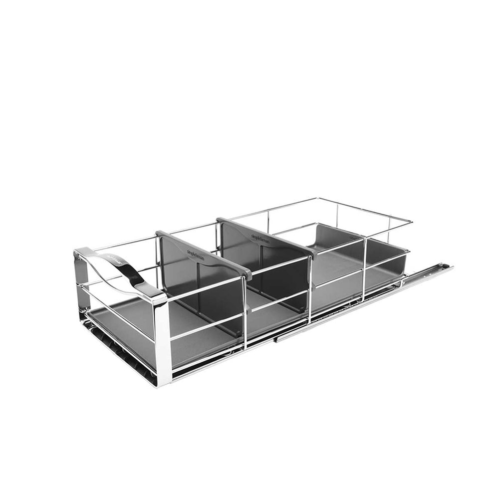Simplehuman 9 Inch Pull-Out Cabinet Organizer, Polished Steel, 3 removable bins for accessible cabinet storage.