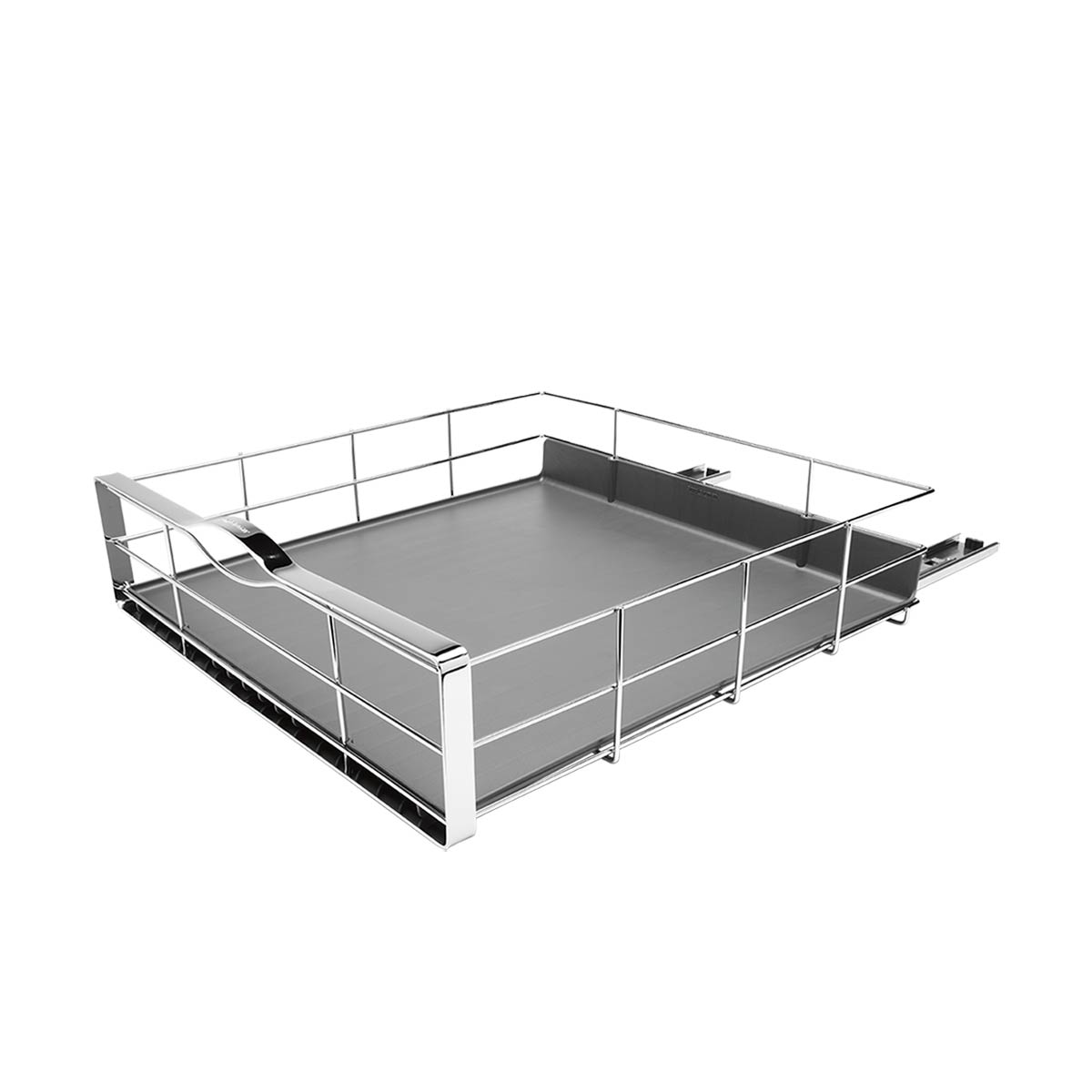 Angled view Simplehuman 20 Inch Pull-Out Cabinet Organizer, Polished Stainless Steel with removable tray.
